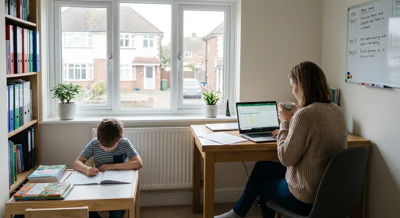 Parent reviewing a learning plan while child works independently