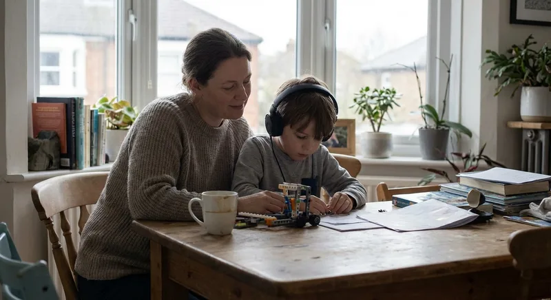 Parent and child working together at a kitchen table