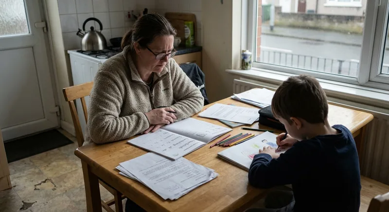 Parent reviewing schoolwork at the kitchen table